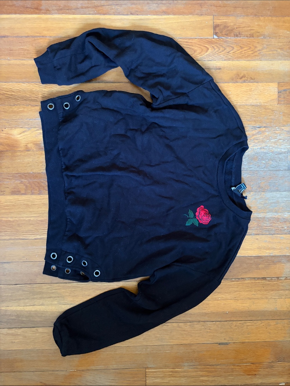 Forever 21 Black Kids Sweatshirt with Red Rose Embroidery